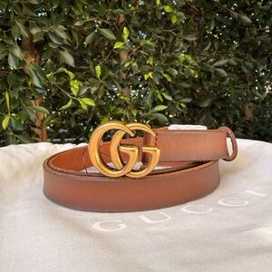 Gucci Brown Leather Marmont Belt with Gold GG Buckle